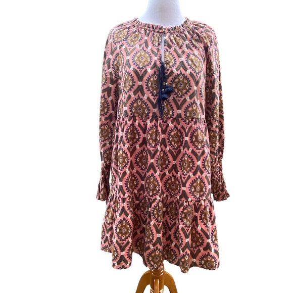 Figue Bella Short Dress in Floral Oasis Blush Cotton India Long Sleeve Tiered - Picture 3 of 15